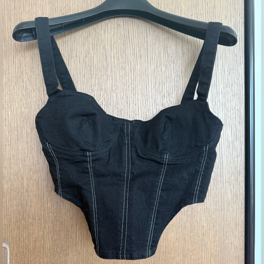BLACK DENIM CROPPED CORSET TOP WITH ZIPPER BACK